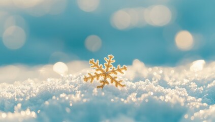 Aufkleber - Close-up of a golden snowflake on clean, white snow with a blurred, light blue background, creating a conceptual space for copy.