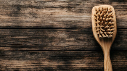 Poster - A wooden hairbrush placed on a rustic wooden surface, showcasing its bristles and craftsmanship