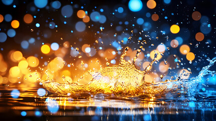 Poster - A vibrant splash of water illuminated by colorful bokeh lights, creating a dynamic and artistic visual effect