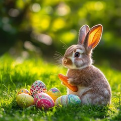 Cute rabbit sitting on green grass with colorful Easter eggs and holding a carrot during a sunny spring day