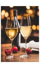 Wall Mural - Two glasses of white wine with strawberries on a table.