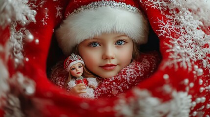 very cute little Russian girl, Wearing red traditional Russian clothes walking down the runway as snow princess with diamond tiara, white fur coat and hat, holding doll wearing ornate dress, jewelry