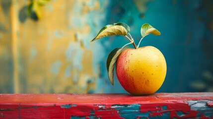 Wall Mural - Single ripe peach with leaves on a vibrant textured background