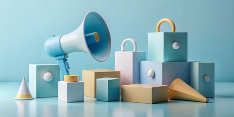 Poster - Minimalist 3D Branding Objects: Web Design Elements, Location, Mail, Price Quality Balance