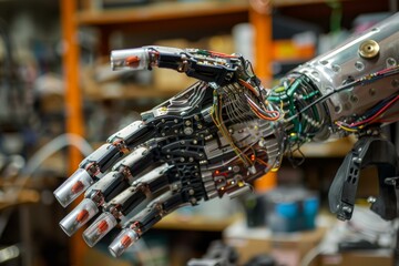 Poster - Robotic arm with exposed electronic circuitry is shown in a research lab setting