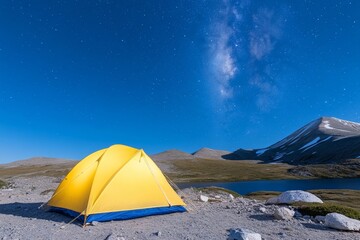 a tent pitched on a mountain peak at night. generative ai