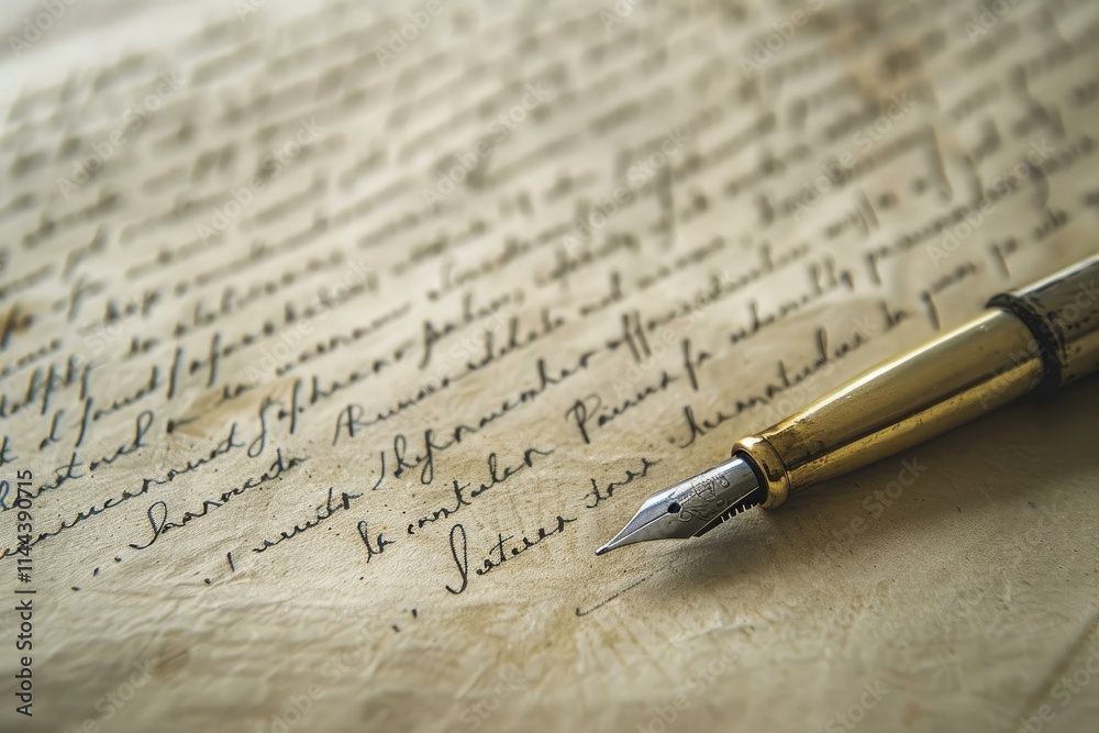 Golden fountain pen lying on aged paper with elegant handwriting ...