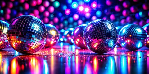 Poster - Neon Disco Ball Party: Double Exposure Photography, Colorful Lights, Reflective Spheres