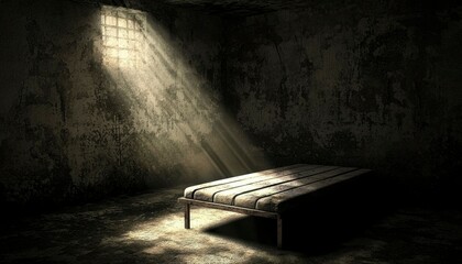 Wall Mural - A solitary cot sits in a dark prison cell