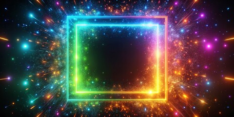 Poster - Neon Square Frame Glowing Particles, Abstract Art, Digital Artwork, Sci-Fi Background,  Electric Light, Futuristic Design, Energy Burst
