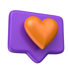 Wall Mural - Orange Heart On Purple Speech Bubble Icon In 3D Render with transparent background