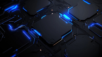 Poster - Abstract digital circuit board design with glowing blue lights and dark background