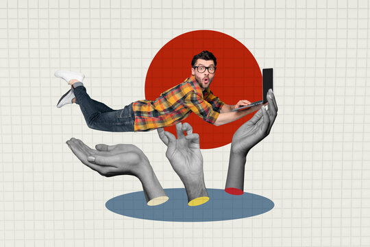 Collage picture young man wow shocked reaction 3d hands body fragments browsing laptop digital device remote worker drawing background