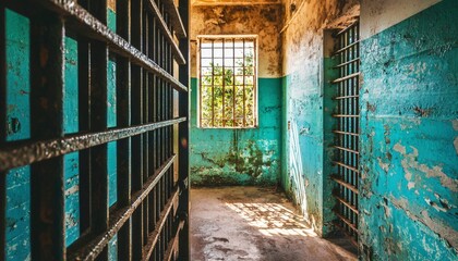 Wall Mural - Abandoned Prison Cell Sunlight Through Bars