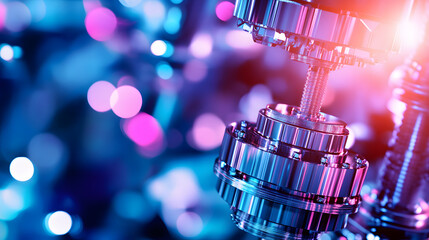 Poster - A close-up of intricate metallic machinery with vibrant lights, showcasing engineering precision and modern technology