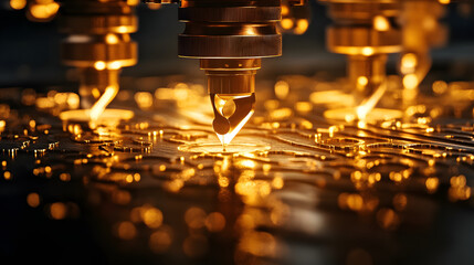 Poster - A close-up of precise machinery applying golden materials onto a circuit board, illustrating advanced manufacturing technology