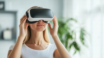 Poster - Home vr experience woman engaging in virtual reality exploration with clean background