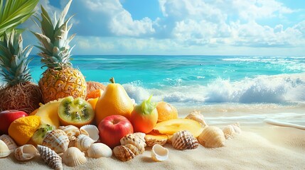 Wall Mural - vibrant display of tropical fruits on a sandy beach with turquoise waves in the background, surround