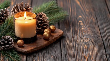 Wall Mural - Lit candle, pine cones, ornaments, and fir branches on wood.