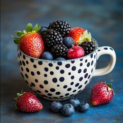 Wall Mural - Spotted ceramic cup with berries over blue background