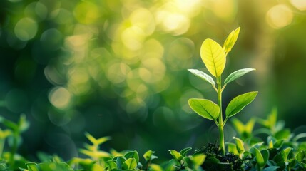 Wall Mural - close-up of green plant leaves with sunlight bokeh in the background