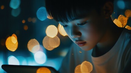 Poster - Urban night learning asian student interacting with tablet in intimate setting