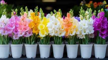 Wall Mural - Colorful potted gladiolus flowers in a row.