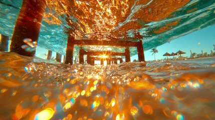 Canvas Print - Underwater view of sunlit ocean pier.