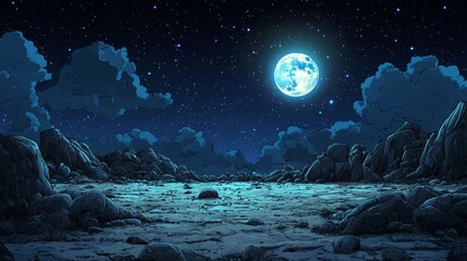 Poster - A full moon icon in anime style, set against a night sky where stars twinkle in the dark, with bright moonlight filling the space, making the night mysterious and the skyline dark.