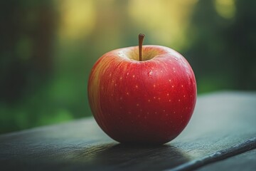 Poster - Single red apple on wooden surface, outdoors.