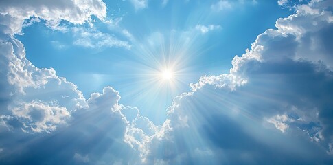 a bright scene with fluffy clouds and a radiant sun crafting a...