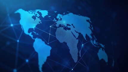Poster - Blue Digital World Map with Network Connections and Global Data Visualization
