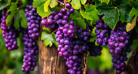 Bunch of purple grapes hanging from a wooden post, perfect for food and nature photography.