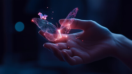 Poster - digital butterfly emerging from a hand surrounded by glowing particles in a dark setting