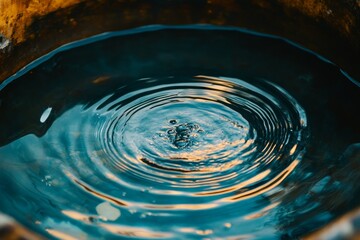 Poster - Close-up of concentric ripples on teal water surface in a dark brown bowl.