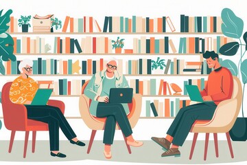 Leinwandbilder - Elderly individuals engaging in online courses with laptops and tablets in a cozy library setting. Generative AI