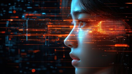 Poster - Profile of a woman with digital data overlay.
