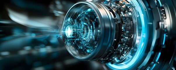 Poster - A close-up view of a futuristic engine component, showcasing intricate details and glowing elements that represent advanced technology and innovation in engineering design.