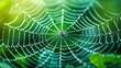 © Victor - Close up of a spider web with dew drops and a small spider against a blurred green background