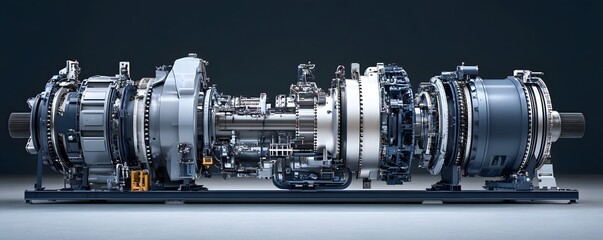 Poster - A detailed view of a high-performance jet engine showcasing its intricate components and engineering precision. Ideal for industrial and technological themes.