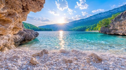 Canvas Print - Secluded cove with crystal-clear turquoise water, pebble beach, and sunlit mountain backdrop.