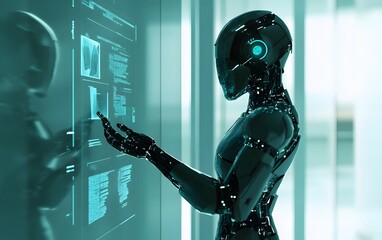 Poster - a futuristic humanoid robot interacting with a digital interface, showcasing advanced technology and