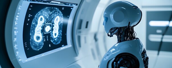 Poster - A futuristic robot examines intricate data on a monitor, showcasing the intersection of artificial intelligence and medical imaging in a high-tech environment.
