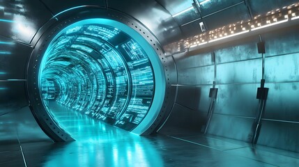 Poster - A futuristic tunnel illuminated with vibrant blue lights, featuring sleek metallic walls and advanced digital interfaces. Perfect for showcasing innovations and sci-fi concepts.
