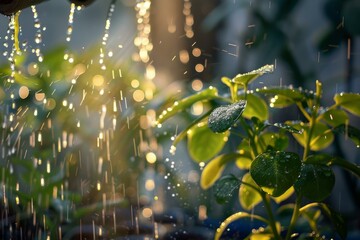 Poster - Close up of water drops falling on plant leaves from a watering can at sunset