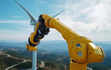 Poster - A high-tech robotic arm engaged in maintenance of wind turbines, highlighting innovation in renewable energy solutions and advanced industrial automation.