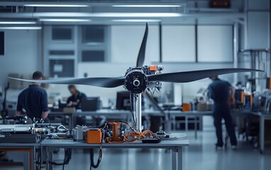 Poster - A modern industrial workshop featuring advanced equipment and a focus on aircraft engine technology, highlighting innovation and teamwork in the engineering sector.