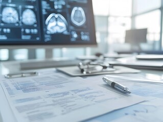Poster - A modern office desk featuring paperwork and a digital screen displaying medical scans, highlighting the integration of technology in healthcare and research practices.