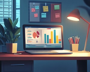 Poster - A modern workspace featuring a laptop displaying colorful charts and graphs, surrounded by stationery, a plant, and inspirational notes on a bulletin board.