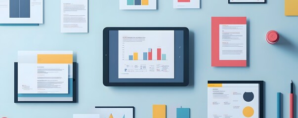 Fototapete - A modern workspace featuring a tablet displaying colorful graphs and charts. Surrounding documents and stationery enhance the professional ambiance for effective planning.